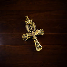 Load image into Gallery viewer, Djed Piillar Horus Ankh Gold Pendant Necklace