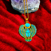 Load image into Gallery viewer, Gold Winged Royal Opal Scarab Pendant Necklace
