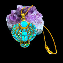 Load image into Gallery viewer, Gold Winged Royal Opal Scarab Pendant Necklace