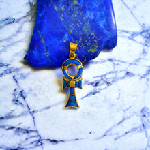 Load image into Gallery viewer, Sparkle Opal Blue Ankh Gold Pendant
