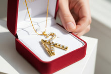 Load image into Gallery viewer, Gold Crook and Flail Necklace, Egyptian Heka Pendant with Mother of Pearl