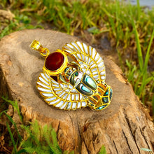 Load image into Gallery viewer, Gold Royal Mother Of Pearl Winged Scarab Pendant Egyptian Necklace