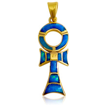 Load image into Gallery viewer, Sparkle Opal Blue Ankh Gold Pendant