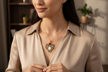 Load image into Gallery viewer, Gold Winged Scarab Pendant, Egyptian Revival Necklace, Mother of Pearl & Enamel