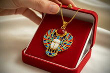 Load image into Gallery viewer, Gold Winged Scarab Pendant, Egyptian Revival Necklace, Mother of Pearl & Enamel
