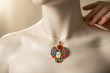 Load image into Gallery viewer, Gold Winged Scarab Pendant, Egyptian Revival Necklace, Mother of Pearl & Enamel