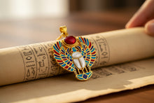 Load image into Gallery viewer, Gold Winged Scarab Pendant, Egyptian Revival Necklace, Mother of Pearl & Enamel