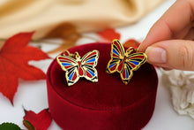 Load image into Gallery viewer, Gold Butterfly Earrings, Enamel Inlay, Egyptian Jewelry