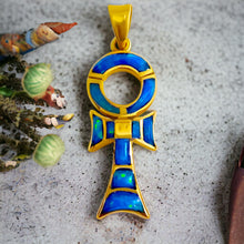 Load image into Gallery viewer, Sparkle Opal Blue Ankh Gold Pendant