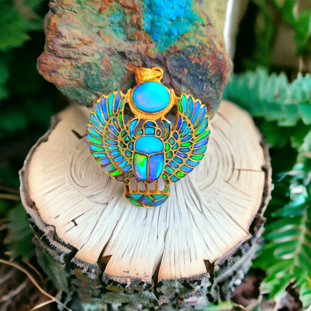 Gold Winged Royal Opal Scarab Pendant Necklace