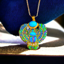 Load image into Gallery viewer, Gold Winged Royal Opal Scarab Pendant Necklace