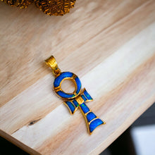 Load image into Gallery viewer, Sparkle Opal Blue Ankh Gold Pendant