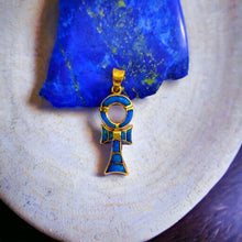 Load image into Gallery viewer, Sparkle Opal Blue Ankh Gold Pendant
