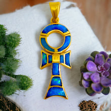 Load image into Gallery viewer, Sparkle Opal Blue Ankh Gold Pendant