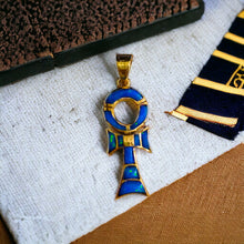 Load image into Gallery viewer, Sparkle Opal Blue Ankh Gold Pendant
