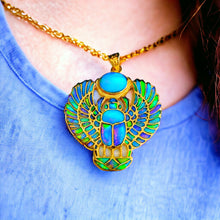 Load image into Gallery viewer, Gold Winged Royal Opal Scarab Pendant Necklace
