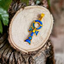 Load image into Gallery viewer, Sparkle Opal Blue Ankh Gold Pendant