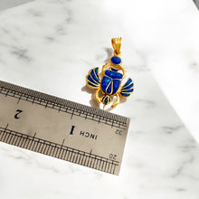 Load image into Gallery viewer, Gold Scarab Pendant Necklace, Dark Blue Sparkle Opal, Egyptian Revival Jewelry
