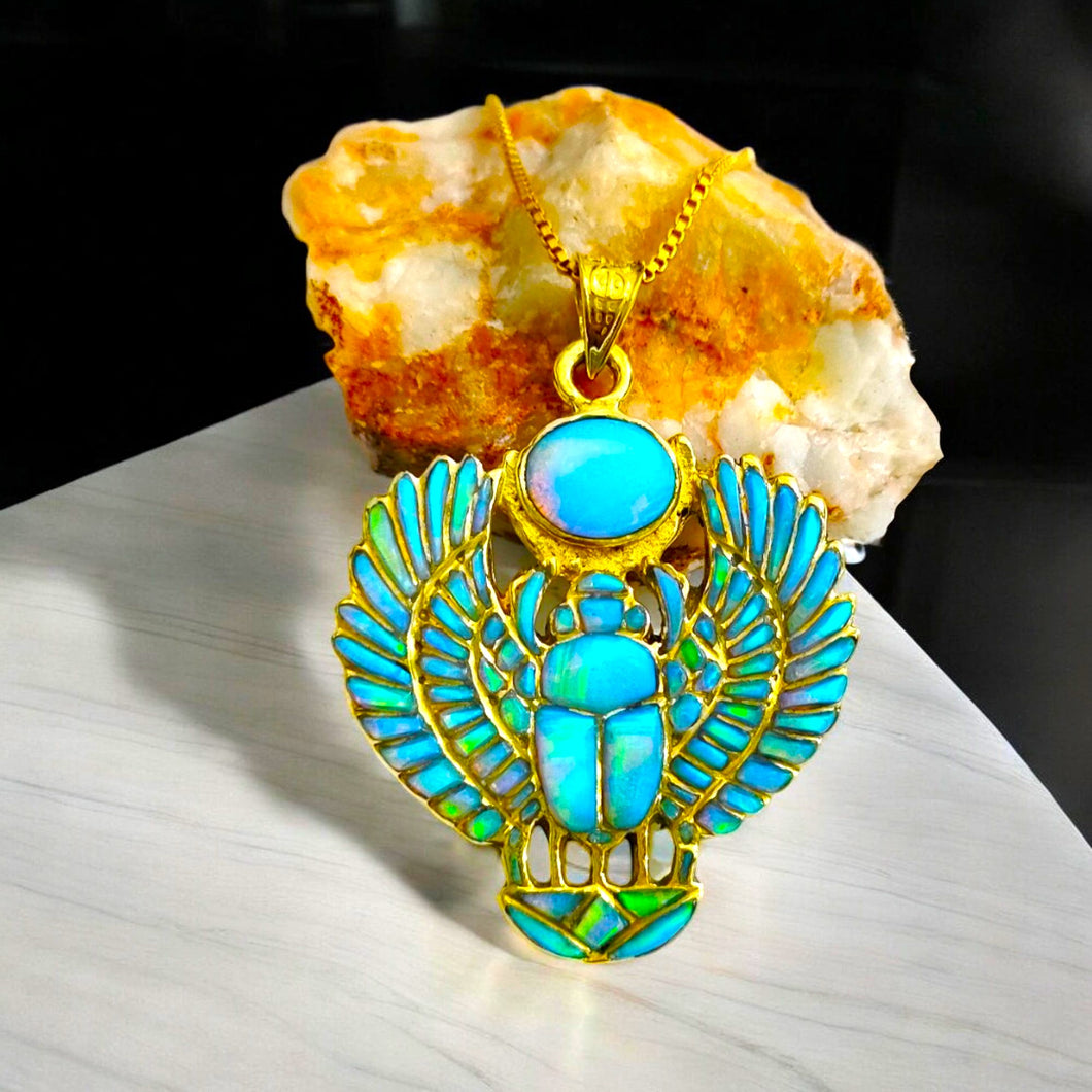 Gold Winged Royal Opal Scarab Pendant Necklace