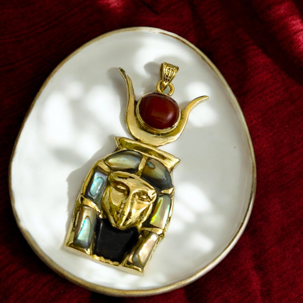 Goddess Hathor Gold Mother of Pearl Pendant Necklace