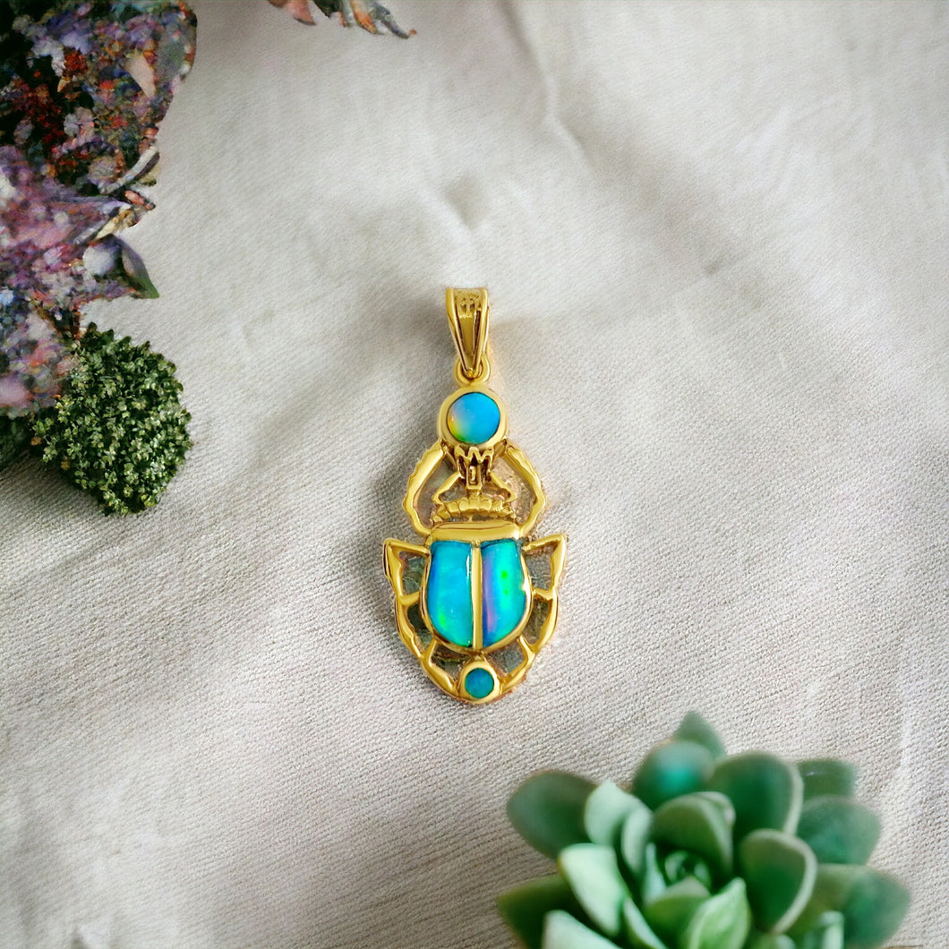 Dainty Opal Scarab Gold Pendant Necklace