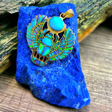 Load image into Gallery viewer, Gold Winged Royal Opal Scarab Pendant Necklace
