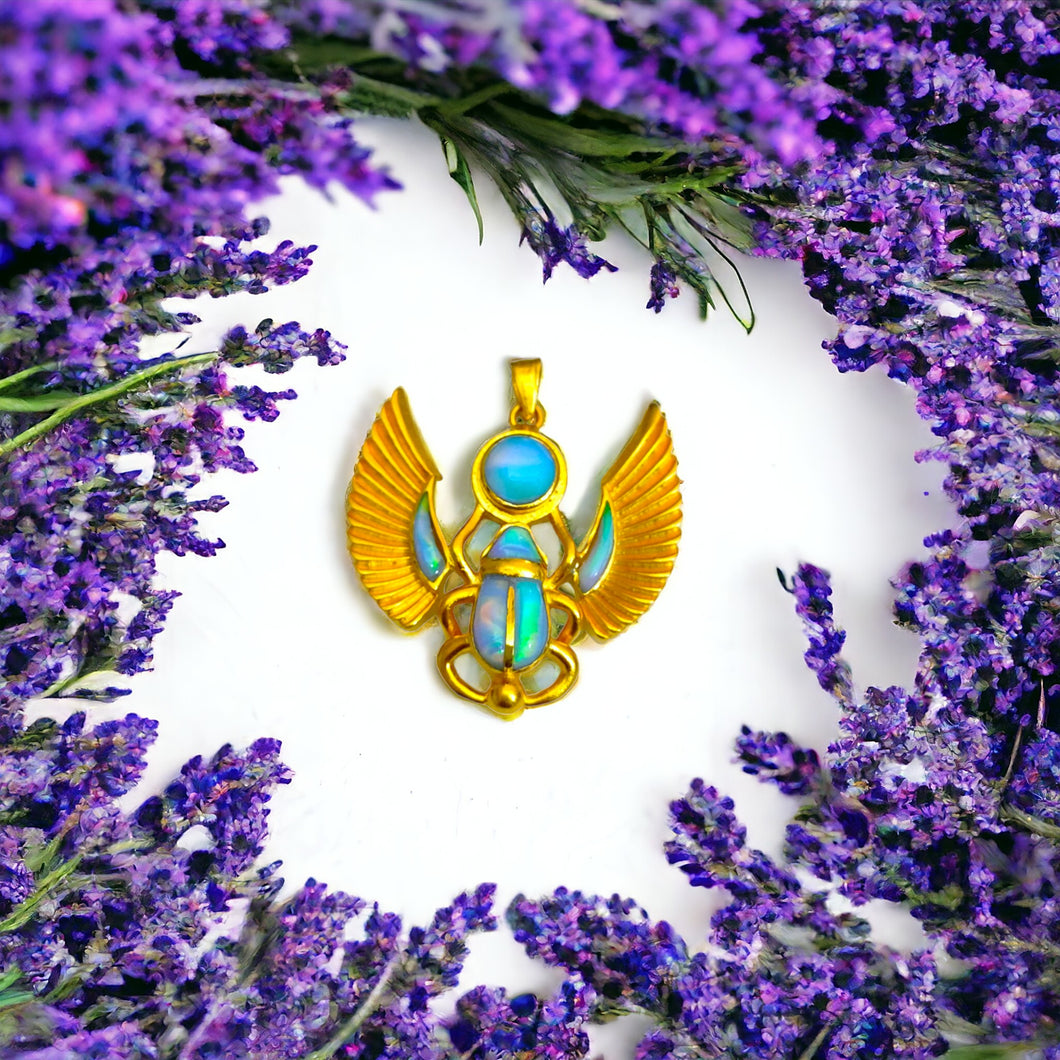 Winged Opal Scarab Pendant, Egyptian Jewelry