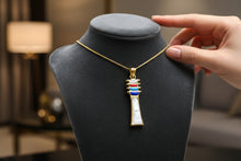 Load image into Gallery viewer, Mother of Pearl Djed Pillar Pendant, Gold Egyptian Revival Necklace
