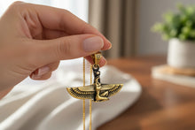 Load image into Gallery viewer, Gold Goddess Isis Pendant, Winged Egyptian Necklace, Gift for Men and Women
