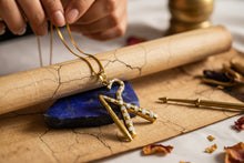 Load image into Gallery viewer, Gold Crook and Flail Necklace, Egyptian Heka Pendant with Mother of Pearl
