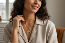 Load image into Gallery viewer, Gold Crook and Flail Necklace, Egyptian Heka Pendant with Mother of Pearl
