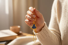 Load image into Gallery viewer, Gold Sparkle Blue Opal Lotus Flower Pendant, Egyptian Necklace
