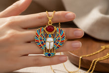 Load image into Gallery viewer, Gold Winged Scarab Pendant, Egyptian Revival Necklace, Mother of Pearl &amp; Enamel
