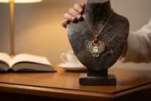 Load image into Gallery viewer, Gold Winged Scarab Pendant, Egyptian Revival Necklace, Mother of Pearl &amp; Enamel
