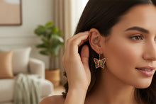 Load image into Gallery viewer, Gold Butterfly Earrings, Enamel Inlay, Egyptian Jewelry
