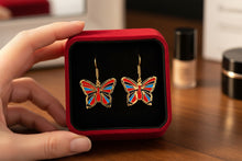 Load image into Gallery viewer, Gold Butterfly Earrings, Enamel Inlay, Egyptian Jewelry
