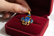 Load image into Gallery viewer, Gold Scarab Pendant Necklace, Dark Blue Sparkle Opal, Egyptian Revival Jewelry
