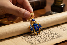 Load image into Gallery viewer, Gold Scarab Pendant Necklace, Dark Blue Sparkle Opal, Egyptian Revival Jewelry
