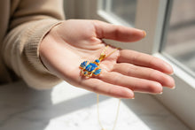 Load image into Gallery viewer, Gold Scarab Pendant Necklace, Dark Blue Sparkle Opal, Egyptian Revival Jewelry
