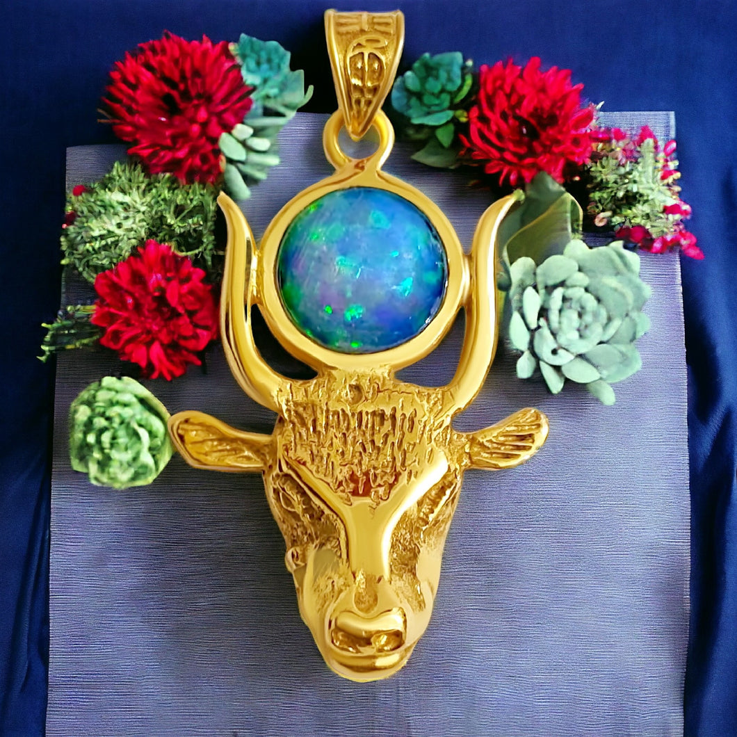 Opal Hathor Cow Head Gold Pendant