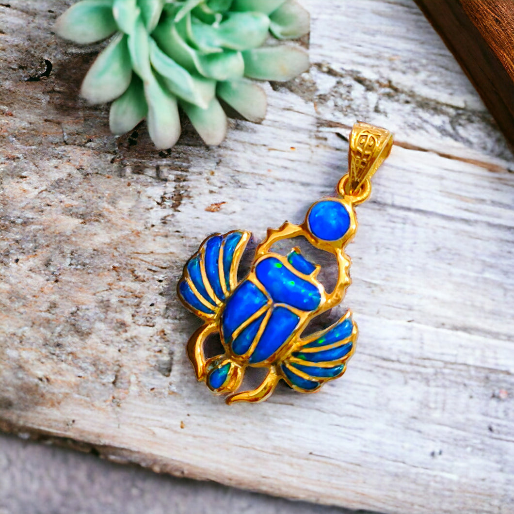 Sparkle Blue Opal Scarab Gold Pendant Necklace