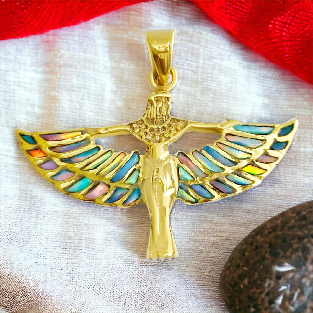 Winged Opal Goddess isis Gold Pendant Necklace