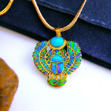 Load image into Gallery viewer, Egyptian Jewelry Gold-Filled Ancient Egyptian Amulet, God and Goddess Talsiman Pendant, Divine Minimalist Gold Pendant Necklace Gift for Men and Women (Winged Royal Opal Scarab)

