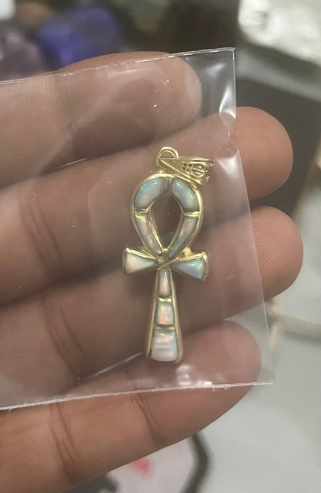 Opal Key of Life Ankh Gold Pendant Necklace