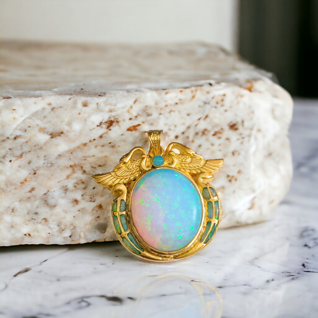 Egyptian Jewelry Gold-Filled Ancient Egyptian Amulet, God and Goddess Talsiman Pendant, Divine Minimalist Gold Pendant Necklace Gift for Men and Women (Bennu Wadjet Opal Amulet)