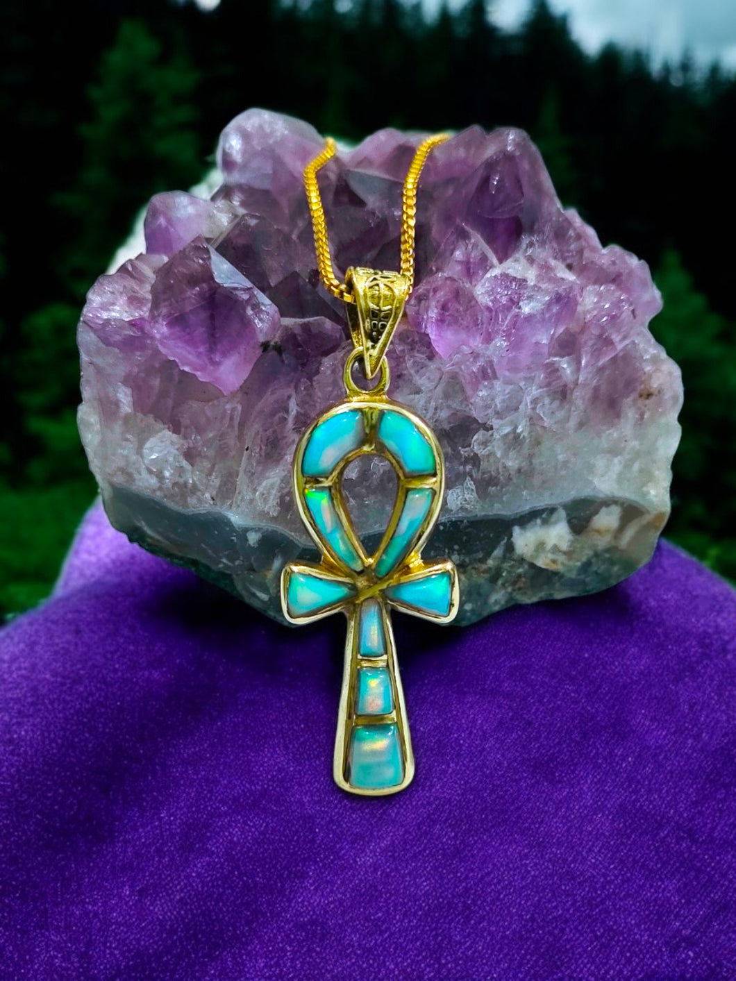 Opal Key of Life Ankh Gold Pendant Necklace