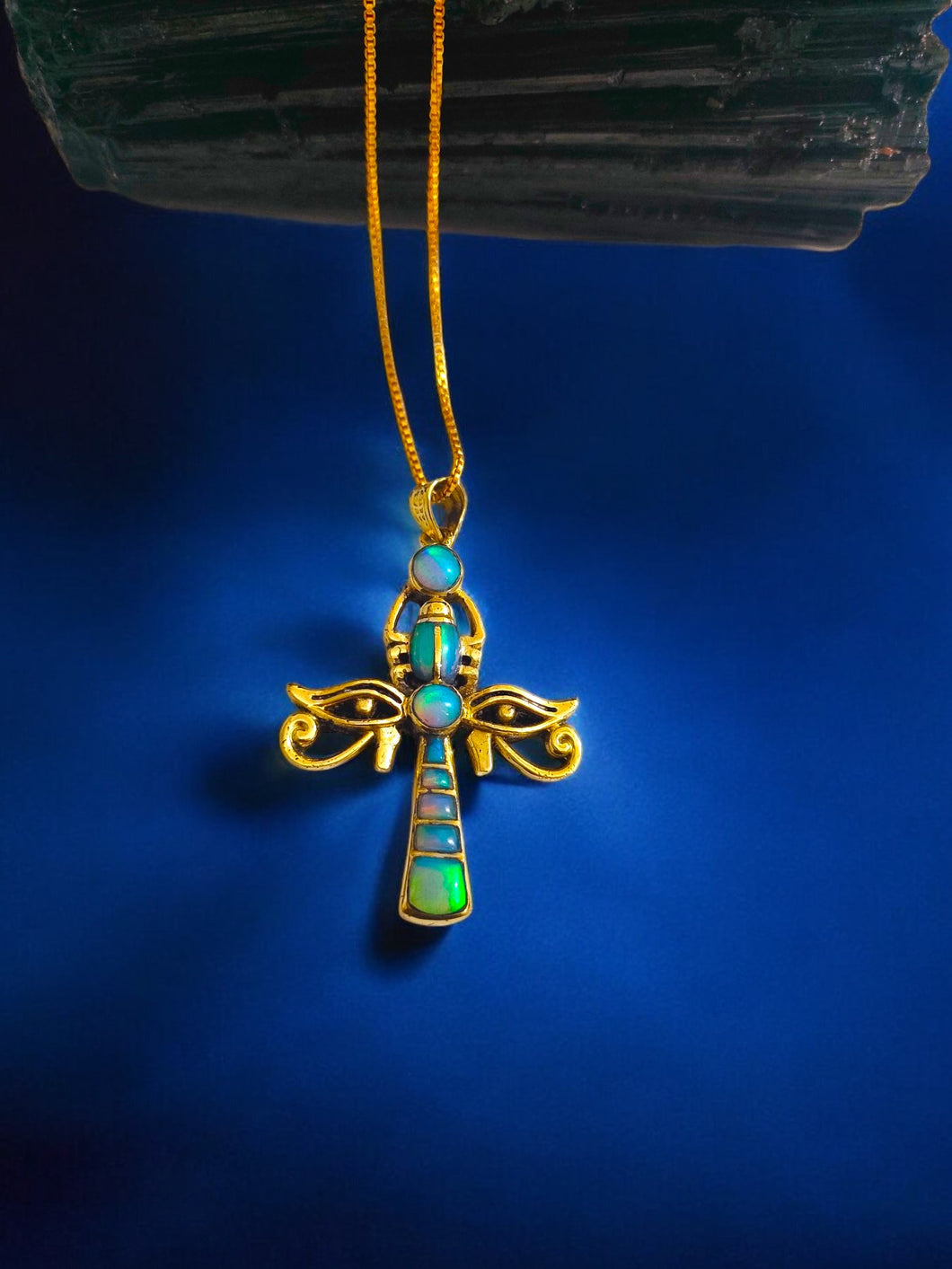 Opal Gold Key Of life Ankh Eye of Horus Complex Pendant Necklace