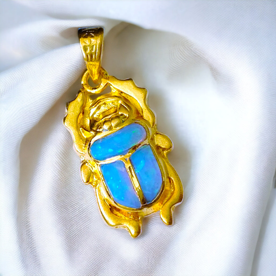 Dainty Sparkle Blue Opal Scarab Gold Pendant Necklace