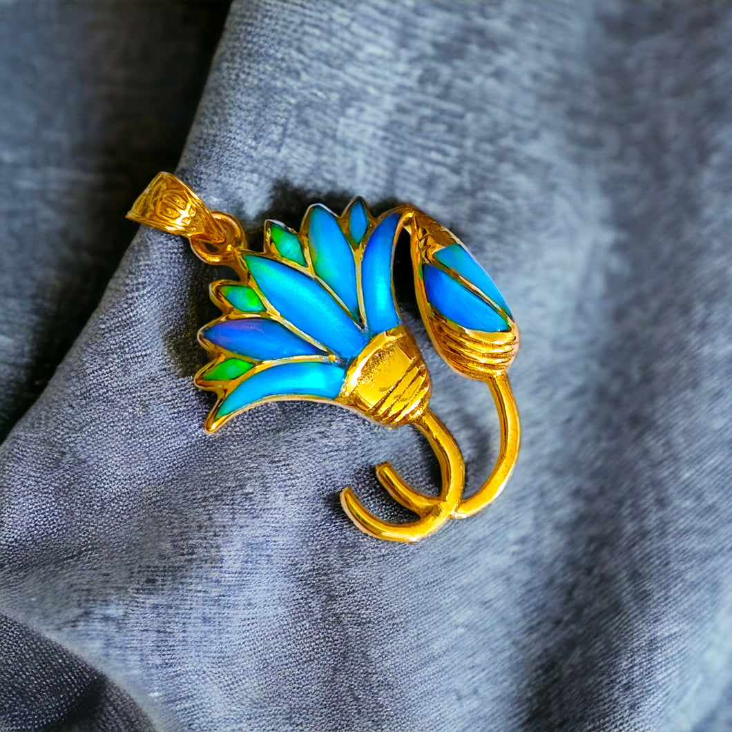 Blue Opal Lotus Flower Gold Pendant Necklace