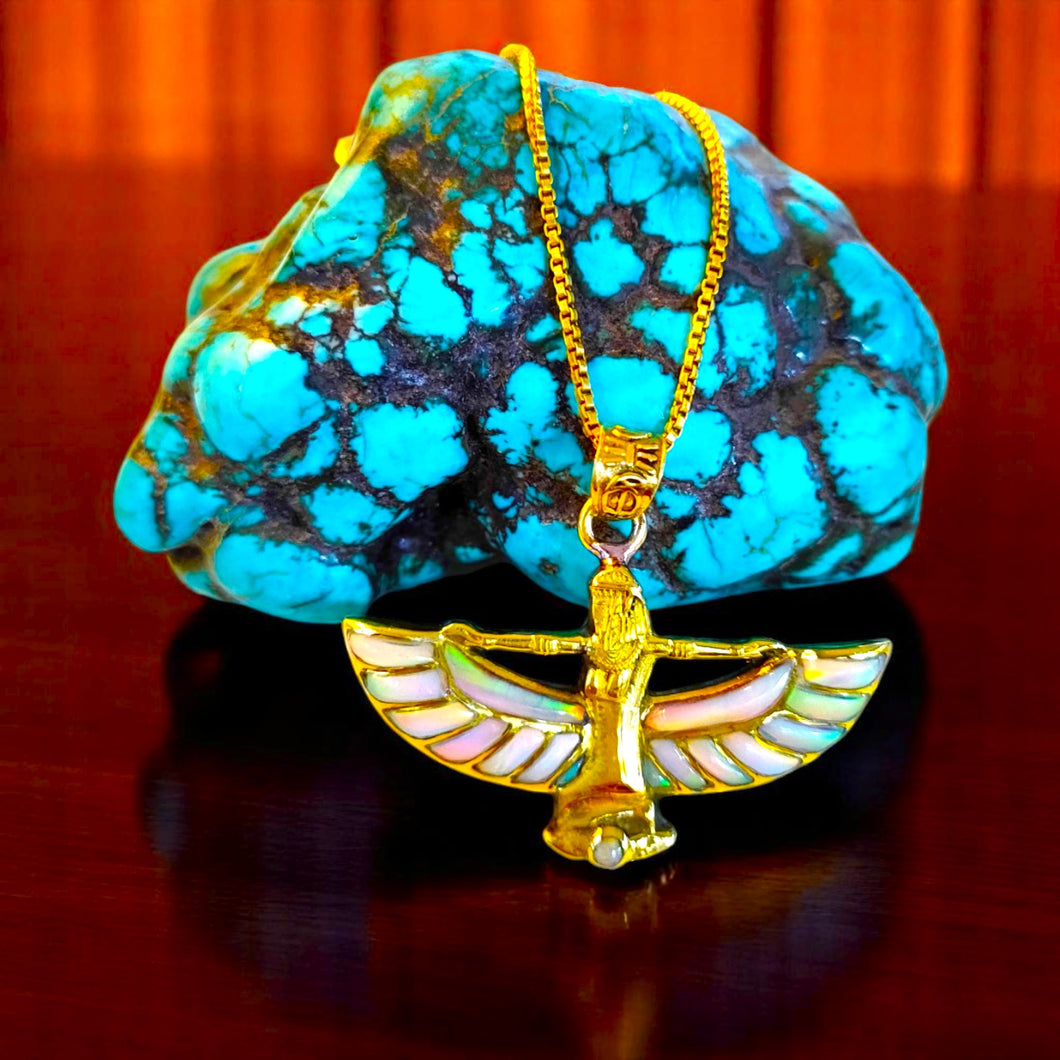 Winged Opal Goddess isis Gold Pendant Necklace